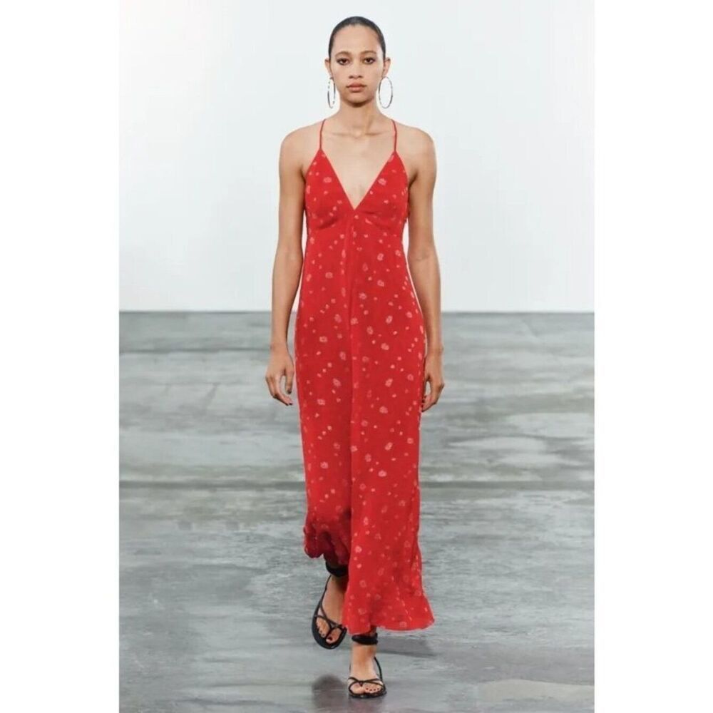 Zara ZW Womens Long Dress Small Bright Red Contrast Embroidered 7945/300 NWT